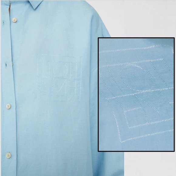 TOTÊME Oversized Tencel™ Lyocell + Linen-Blend Chambray Shirt With Chest Logo - Picture 7 of 16